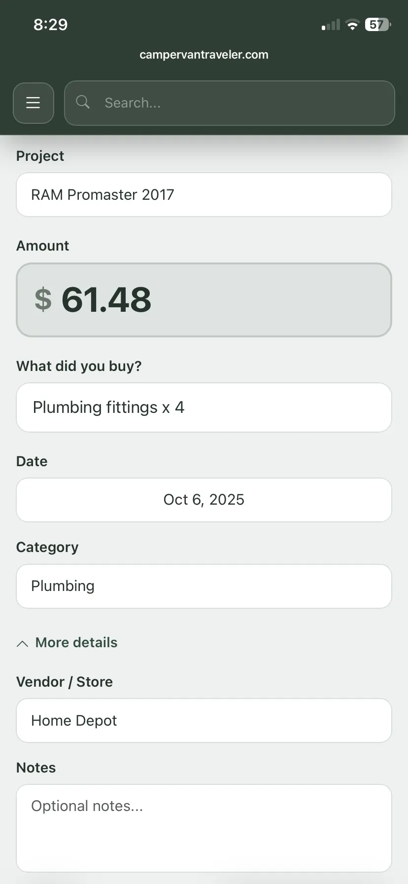 New expense entry screen shown inside the Build Planner mobile app