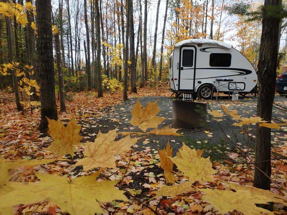 Camping trailer parked in the woods