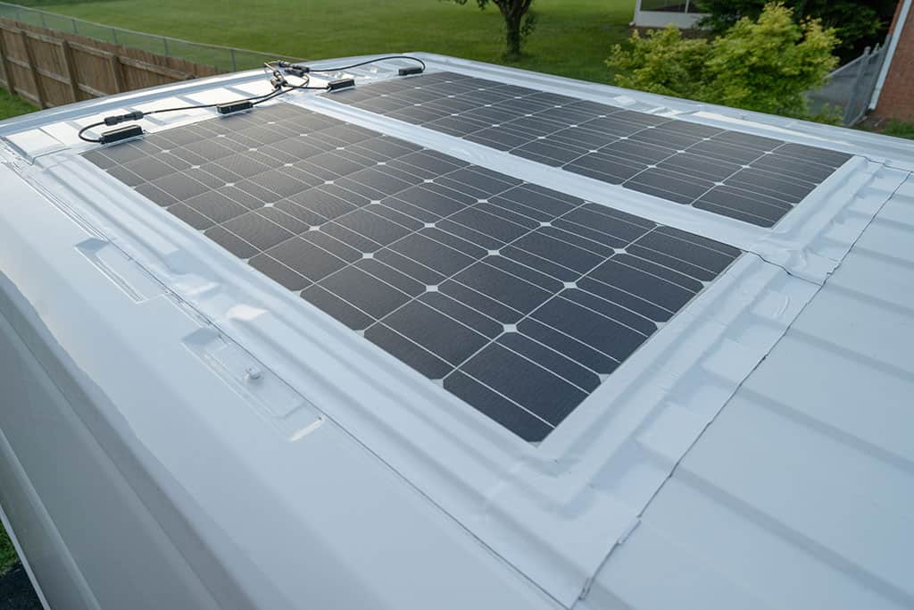 Angled view of solar panels on van roof