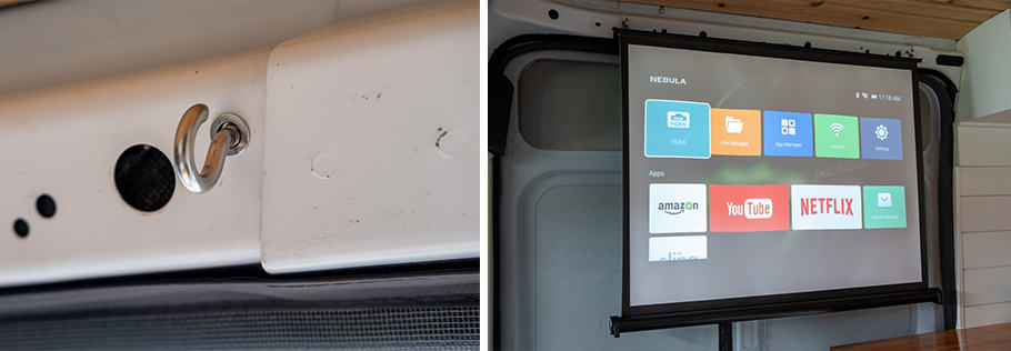 Mounting projector screen in side door of van